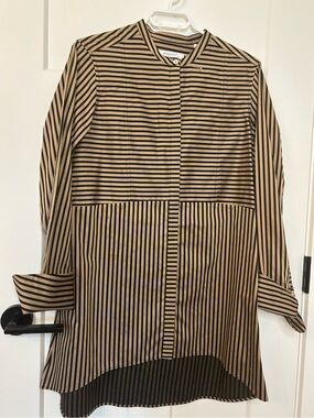 Foxcroft NYC Tan Black Striped Tunic Shirt Shacket Sz 10 Non-Iron Cotton